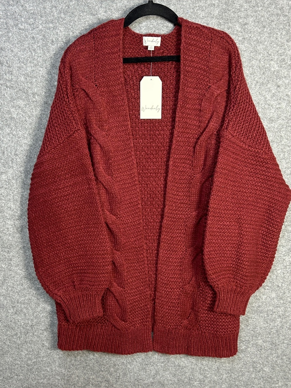 Wonderly M Burgundy Slouchy Chunky Cable Knit Open Cardigan Cozy Grandmacore New